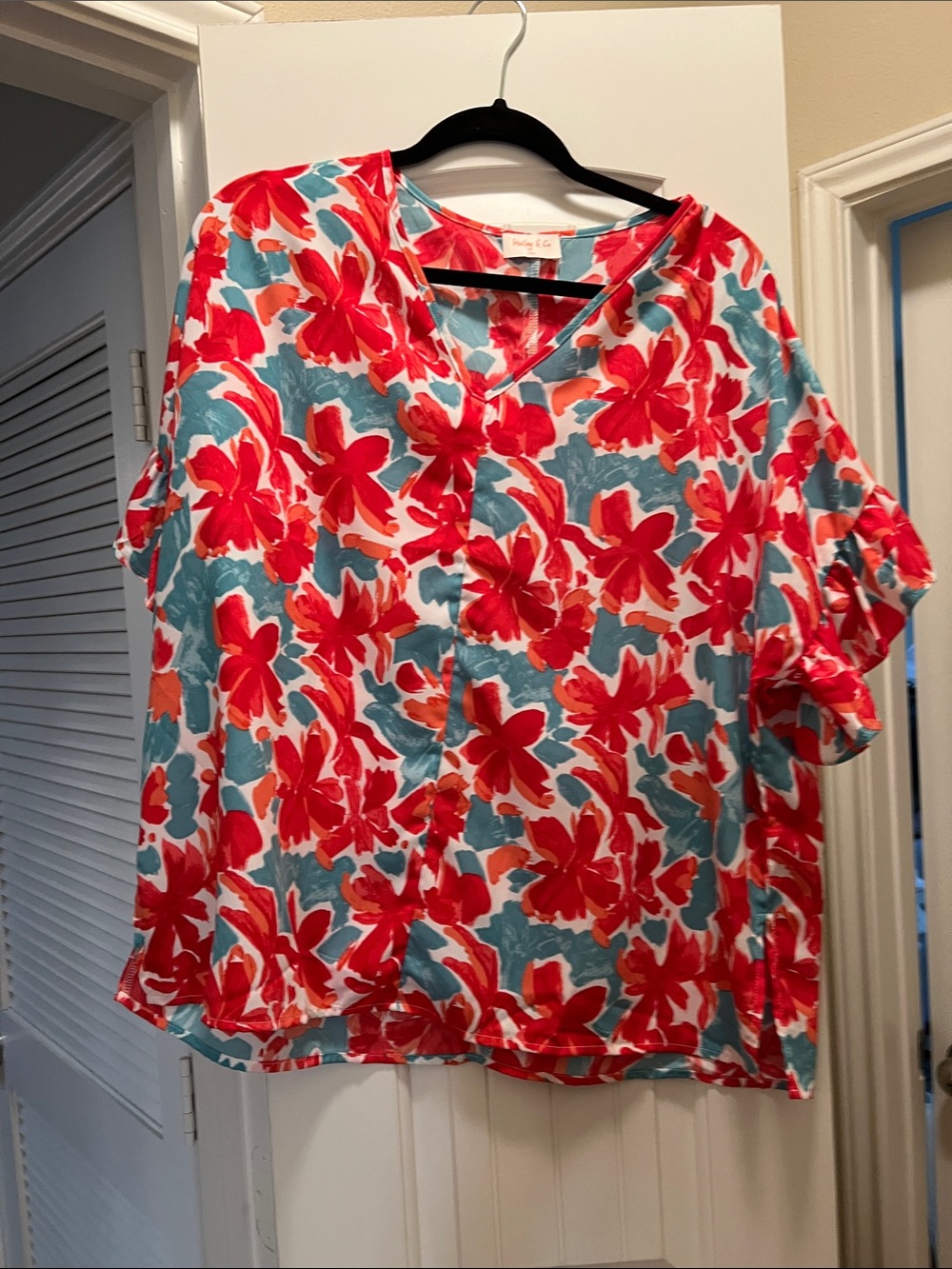 Women’s V-Neck Floral Blouse - Red & Teal